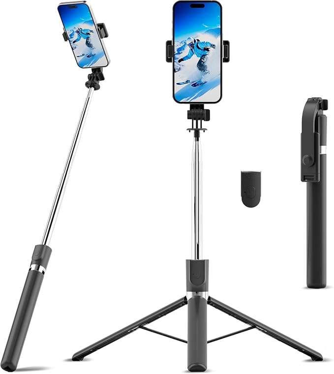 67" Selfie Stick Tripod, Portable Cell Phone Tripod with Wireless Remote Control, 360° Rotating Extendable All-in-1 Travel Stand for Selfies Video Recording, Compatible with iOS/Android, Silver Black by Unknown