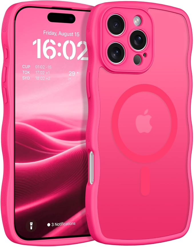 BENTOBEN Magnetic for iPhone 16 Pro Max Case, Cute Wavy [Full Camera Protection][Compatible with MagSafe] Matte Anti-Slip Bumper Women Girls Girly Protective Cover for 16 Pro Max 6.9" 2024, Hot Pink by BENTOBEN