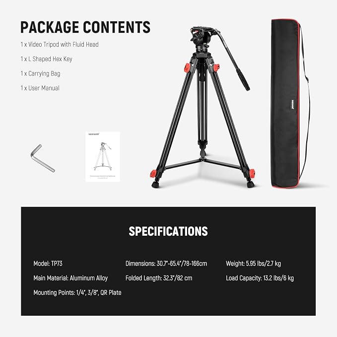 NEEWER Video Tripod with Fluid Head, Heavy Duty Aluminum Compact Portable Camera Tripod Stand for DSLR Camcorder Compatible with DJI Gimbals Compatible with Manfrotto QR Plates, Max Load 13.2 lb, TP73 - Image 9