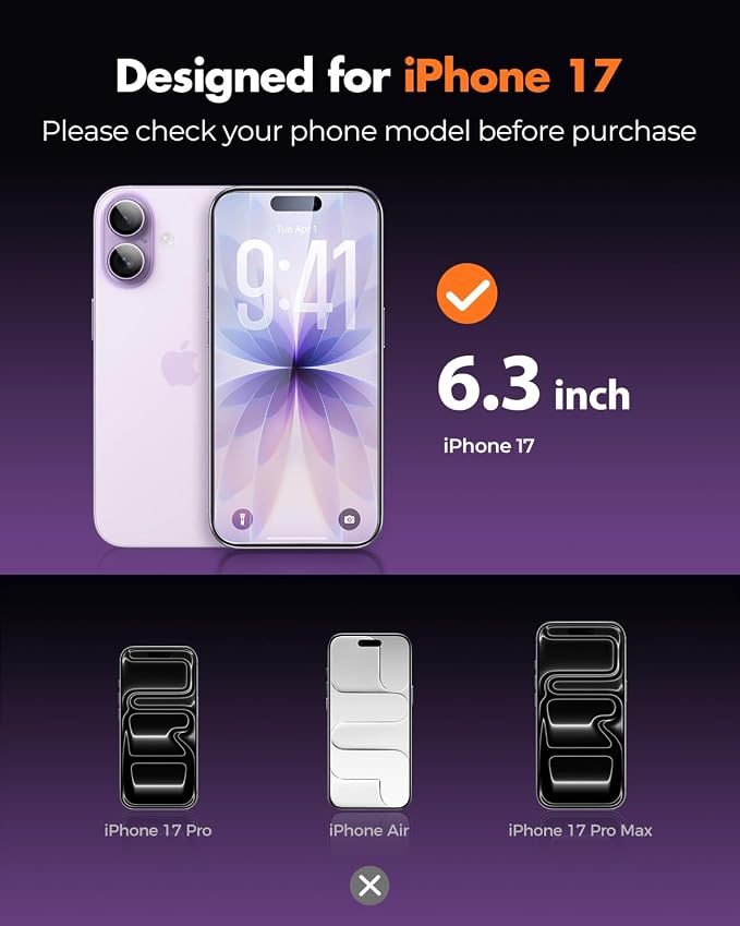 UNBREAKcable iPhone 17 Screen Protector & Camera Lens Protector | Upgraded Dual-Tempered Glass with Military-Grade 9H Hardness, 3-Pack,HD Clarity, Anti-Fingerprint, Case Friendly, Fits 6.3'' - Image 2