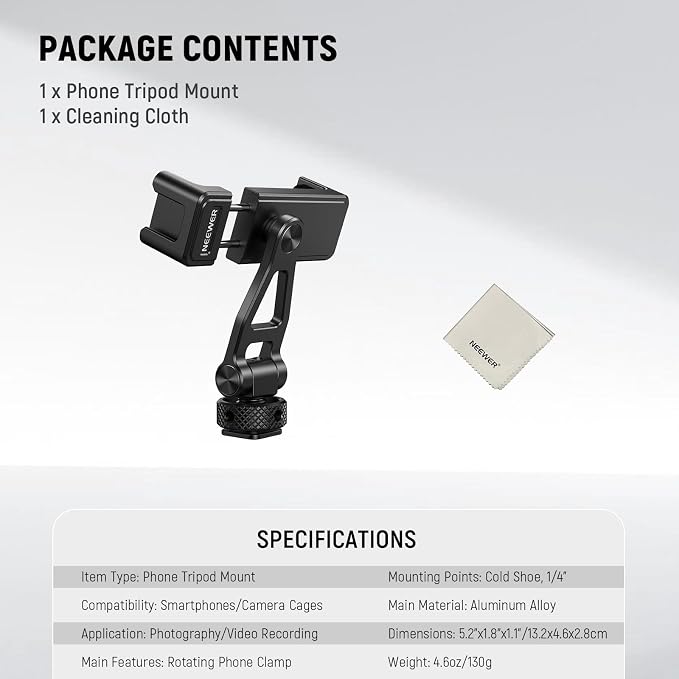 NEEWER Adjustable Phone Tripod Mount with Cold Shoe 1/4" Thread 180° Tilt 360° Rotation Cleaning Cloth Phone Clamp Holder Compatible with iPhone Samsung Android Camera Cage for Video Recording, GA010 - Image 8