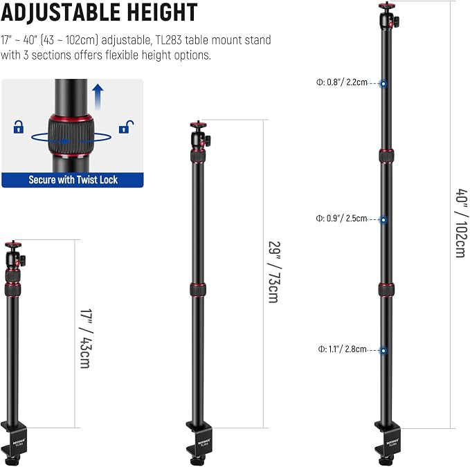 NEEWER Camera Desk Mount with Holder & 360° Ball Head, 17"-40"/43-102cm Telescopic C Clamp Table Light Stand 1/4" Screw, Desktop Stand 6.6lb/3kg Max Load for DSLR Camera, Webcam, Ring Light,TL283 - Image 2