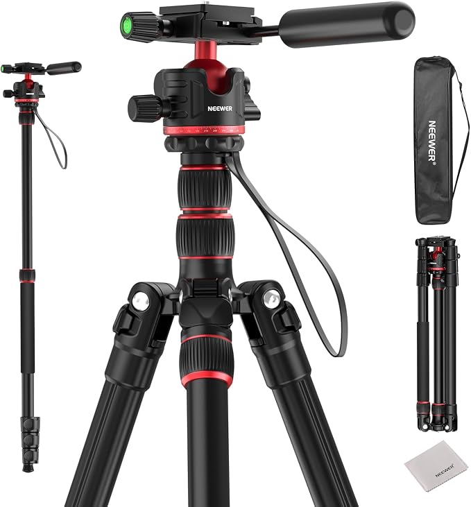 NEEWER BASICS Camera Tripod Monopod, 77" Compact Lightweight Travel DSLR Video Stand 360° Ball Head, Arca Type QR Plate, Reversible Legs, Inverted Central Axis & 2 Cleaning Cloths, 13lb Max Load, TP08 by Neewer