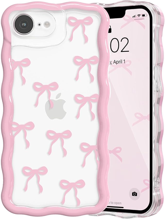 QLTYPRI for iPhone 17e/16e Pink Bow Case, Clear Cute Pink Ribbon Bow Phone Case Curly Wavy Aesthetic Phone Cover, Soft Slim Transparent TPU Shockproof Protective Cover for Women Girls - Ribbon Bow by QLTYPRI