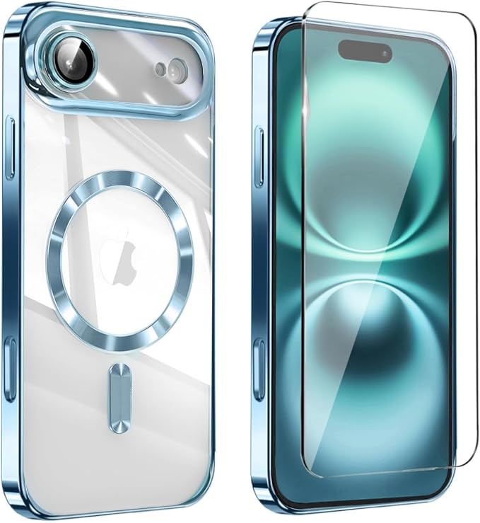 Magnetic Glossy Case for iPhone 17 Air,iPhone 17Air Phone Case Slim Clear Luxury with Screen Protector & Camera Protector [Compatible with MagSafe], Shockproof Cover for iPhone Air 17-Blue by Unknown