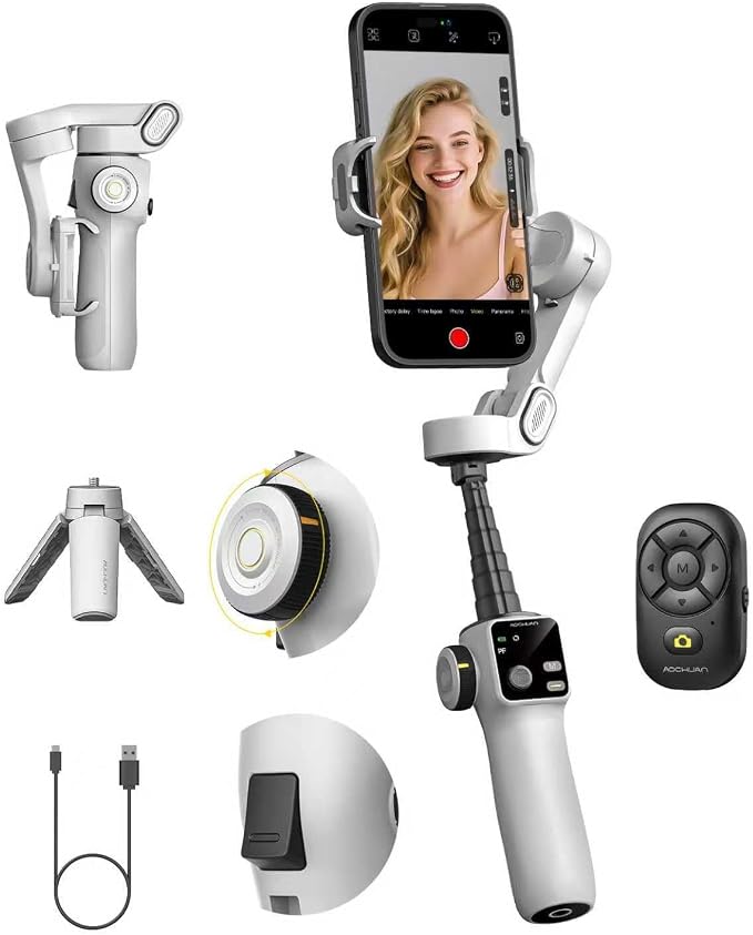 AOCHUAN Smartphone Gimbal Stabilizer for iPhone & Android, 3-Axis Phone Gimbal with Bluetooth Remote Control, Built-in 7.8” Extendable Rod, Face Tracking, Video Stabilizer – Smart V8 Kit White by AOCHUAN