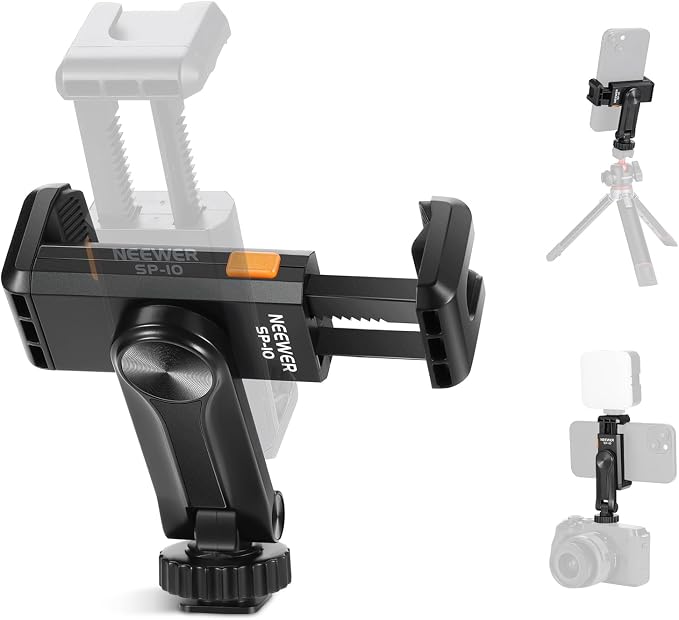 Neewer Basic Phone Tripod Mount Holder with 1/4" Thread & Cold Shoe, 2.36"-3.54"/6-9cm 360° Rotatable Camera Mount Cellphone Clamp for iPhone 16 15 14 13 12 11 Pro Max X XR Samsung S24 Ultra, SP-10 by Neewer