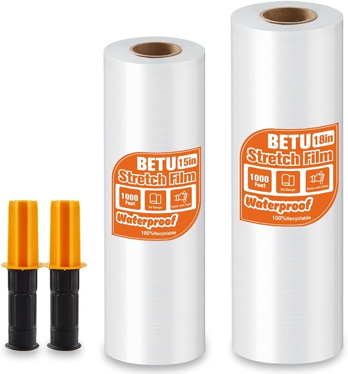 Stretch Film Shrink Wrap Large Furniture Kit (15"+18") x 1000 Ft for Moving Supplies, Heavy Duty Plastic Wrap Stretch Roll for Moving Boxes Pallet Wrapping Shipping Storage with Handles, Clear by BETU