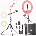 55W18 45cm Ring Light Kit [New Version] 6700K Dimmable LEDRinglightTripod Stand Dual Phone Holder for iPhone Selfie Makeup LashTattoo Studio Lighting Painting,Photo Video Recording (Pink) by Grabyoursforinstantvibe