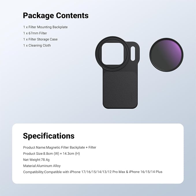 NEEWER 6.9" Magnetic Phone Lens Filter Mount Adapter Backplate Accessories with 67mm Variable Neutral Density Filter (ND 2-32) Compatible with MagSafe iPhone 12/13/14/15/16/17 Pro Max & 14/15/16 Plus - Image 9