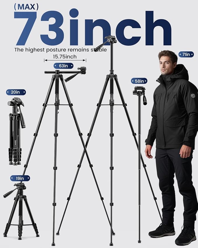 CAMBOFOTO 73" Camera Tripod and Monopod with Horizontal Central Axis | Aluminum Tripod with Sandbag/Phone Holder/Travel Bag, for DSLR/Camcorder/GoPro - Image 3