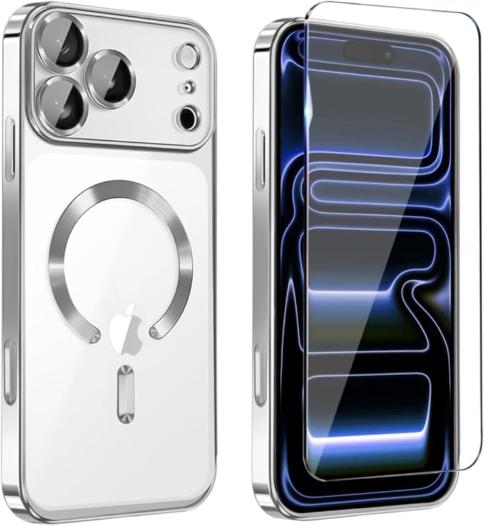 Magnetic Glossy Case for iPhone 17 Pro,iPhone 17Pro Phone Case Slim Clear Luxury with Screen Protector & Camera Protector [Compatible with MagSafe], Shockproof Cover for iPhone Pro 17-Silver by Unknown