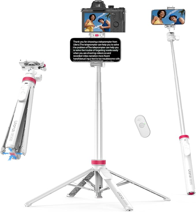 ULANZI MT-44B Phone Tripod, 59'' Auto Open Phone Stand Dual Camera Set up | 360° Ball Head, Extendable Selfie Stick w Cold Shoe, Stable Four-Leg for Filming Vlog Travel, Family Gatherings White by ulanzi