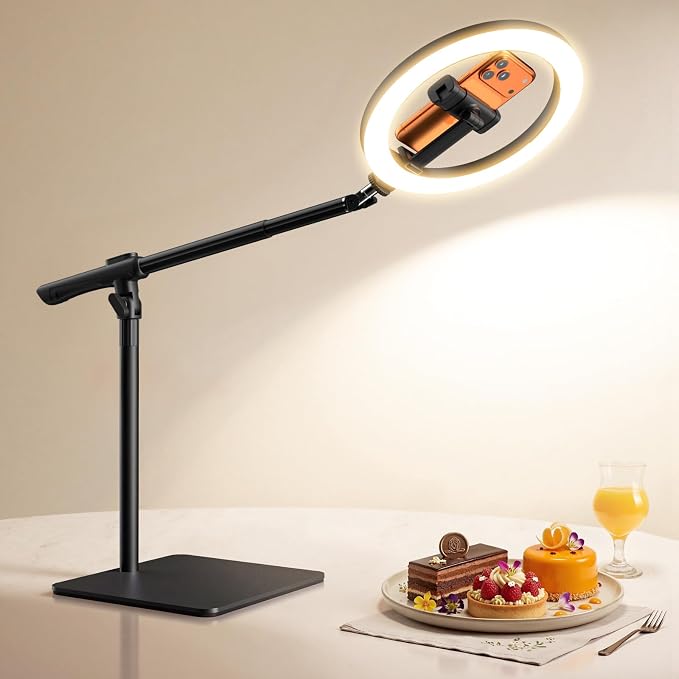 LUXSURE Ring Light with Stand for Desk,Adjustable Overhead Phone Mount with 10" Selfie Light Phone Tripod with Ring Light and Remote, Phone Stand with Light for Video Recording,Live Stream,Cooking by LUXSURE