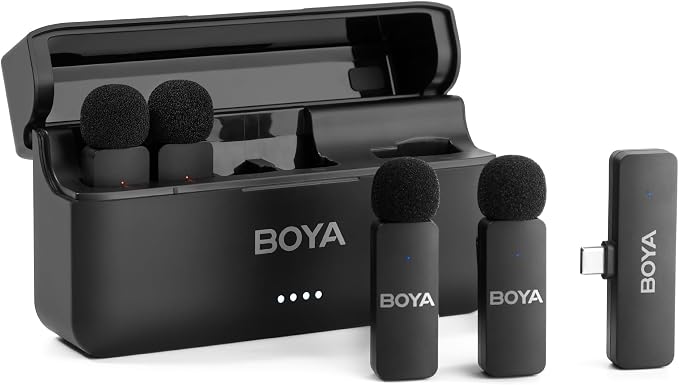 BOYA BY-V4U Wireless Lavalier Microphone for iPhone 17/16/15 Series Type C Smartphone with Charging Case, 4-Channel Mono Output, Omnidirectional Noise Cancelling Lapel Mic for Video Recording Podcast by BOYA