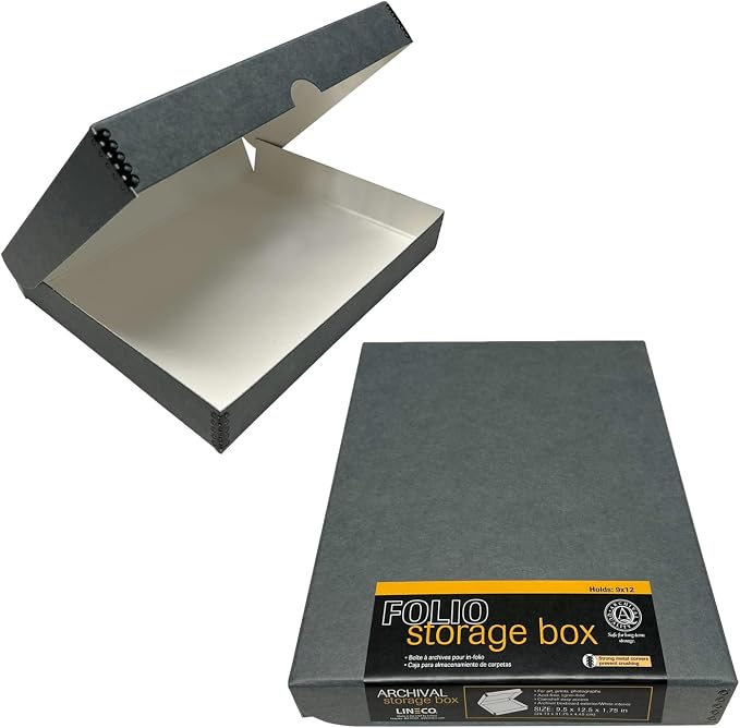 Lineco Clamshell Archival Storage Box, 9.5x12.5x1.75 Inch, Gray, Pack of 2 | Acid-Free with Metal Edge Boxboard, Organize and Store Photos Documents Cards Negatives Magazine Prints Family Records DIY by Lineco