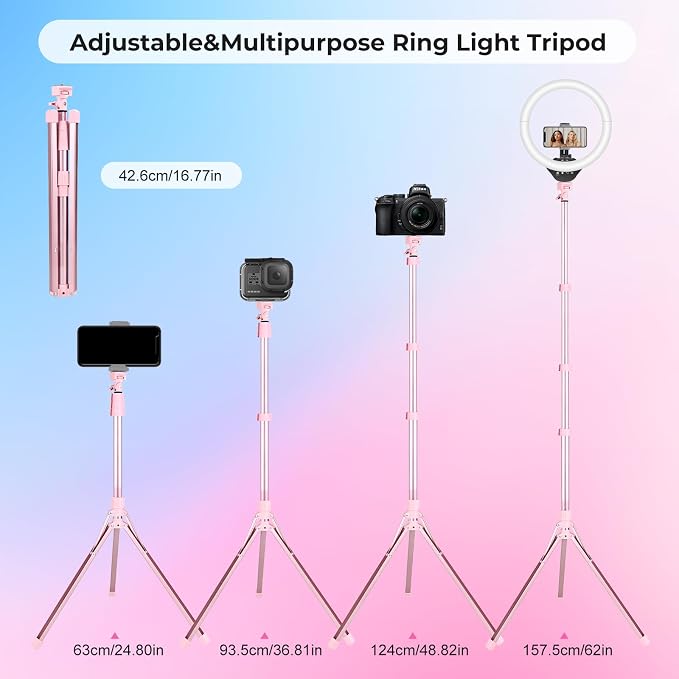 Aureday 14'' Pink Selfie Ring Light with 62'' Tripod Stand and Phone Holder, Dimmable LED Phone Ringlight for Makeup/Video Recording/Photography, Circle Lighting for Cell Phones&Lightweight Cameras - Image 7