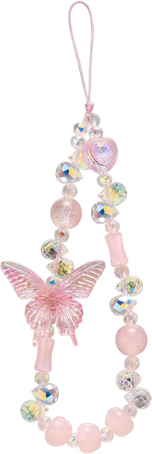 BEEFLYING Beaded Butterfly Phone Charm Wrist Strap for Case, Pink | Sparkling Y2K Cute Cellphone Chain, for Keychain Bag Camera Car Key Pendant by BEEFLYING