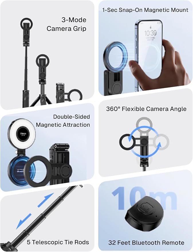 MAGIC JOHN Phone Tripod with 2 Selfie Light, Portable Pocket Size Selfie Stick for iPhone Magsafe, Selfie Stick with Detachable Remote Control for Photograph, Live Streaming, Video Recording - Image 8