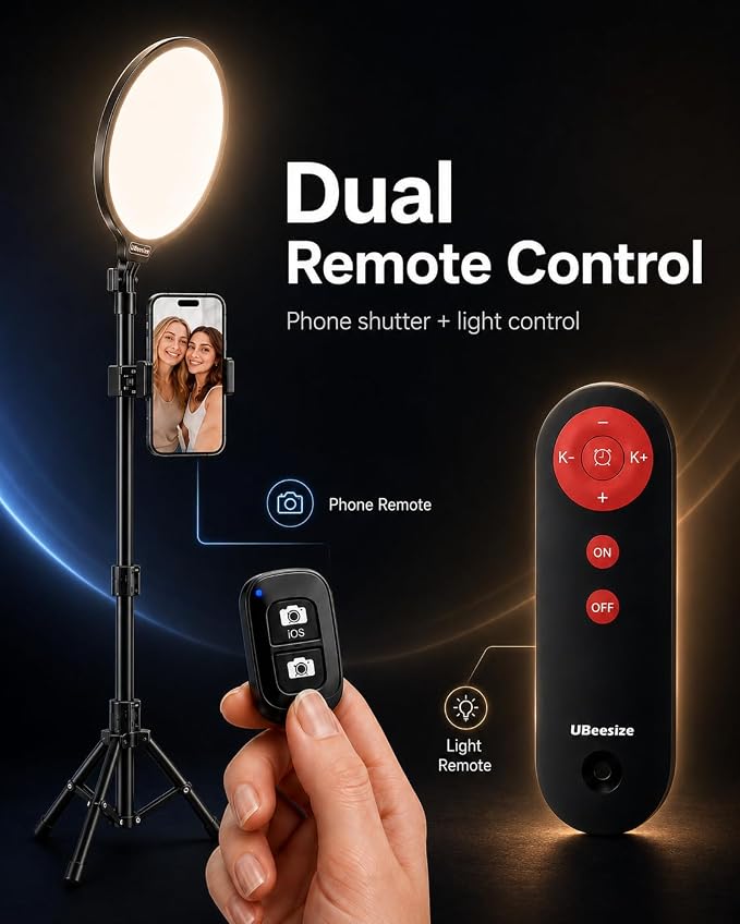 UBeesize 10" Ring Light with 62" Tripod Stand, Phone Holder and Remote | Dimmable Full-Screen, LED Selfie Light Kit, Adjustable Stand for Video Recording, Makeup, Live Streaming, 2H/4H/8H timer - Image 6