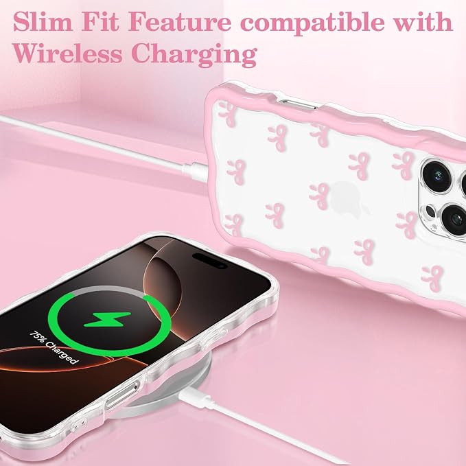 QLTYPRI for iPhone 14 Pro Max Pink Bow Case, Clear Cute Pink Ribbon Bow Phone Case Curly Wavy Aesthetic Phone Cover, Soft Slim Transparent TPU Shockproof Protective Cover for Women Girls - Tiny Bow - Image 5