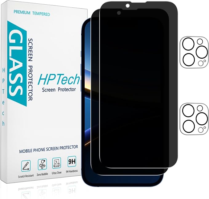 2+2 Pack Privacy Screen Protector for iPhone 13 Pro Max | Anti Spy Tempered Glass, with Camera Lens Protector, Anti Scratch, Bubble Free by HPTech
