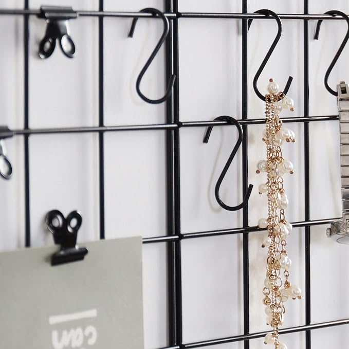Wall Grid Panel for Photo Display,Wall Storage Organizer,5 Metal Clips & 3 S Hooks & 4 Nails & 4 Plastic Hanging Buckles and 4 Screws Offered,Size 17.5" x 11.8"，Set of 2 (Black) - Image 5