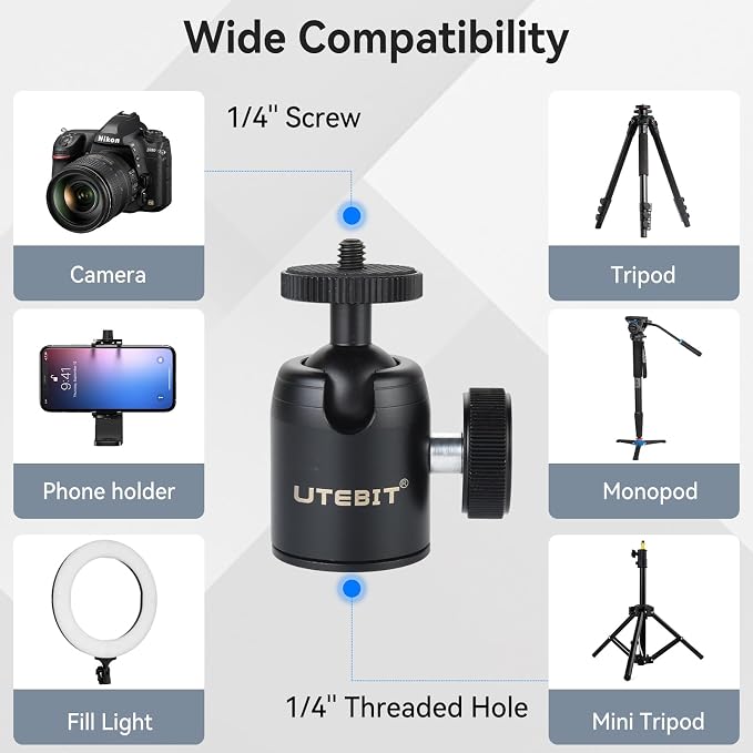 UTEBIT Mini Ball Head, with 3/8" to 1/4" Adapter Ballheads Black | 360° Pan 90° Tilt Tripods Mount with 24mm Ball Head Metal Low Profile, Camera Mount Adapter Holder for Phone/DLSR Camera - Image 3
