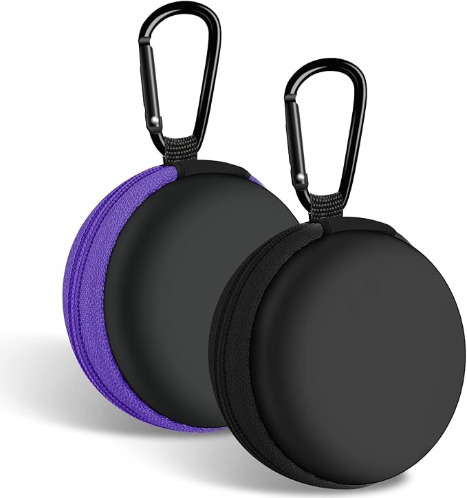 2Pack Round Earbud Case Portable EVA Carrying Case Storage Bag Cell Phone Accessories Organizer with Carabiner for Earphone, Earbud, Earpieces, SD Memory Card, Camera Chips, Black/Purple by Woyinger