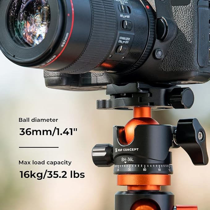 K&F CONCEPT 36mm Metal Tripod Ball Head 360 Degree Rotating Panoramic with 1/4 inch Quick Release Plate Bubble Level for Monopod Camera Camcorder Load Capacity up to 35.2 lbs/16KG | 3/8" Screw Head, 1/4" Quick Plate, Adapter, for Tripod/Camera - BH36L - Image 3