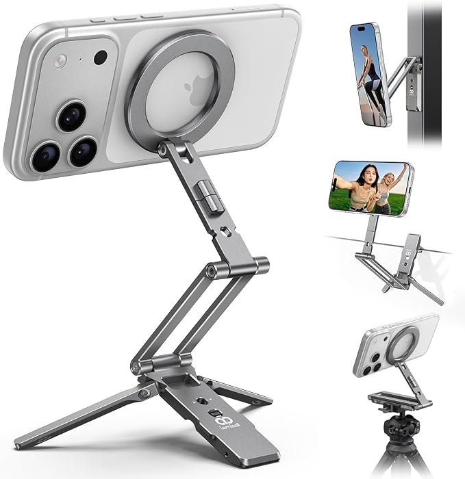 Lamicall for MagSafe Tripod Stand Dual-Side Magnet Camera Accessories Kits | 360° Upgraded Aluminum Magnetic Phone Tripod for iPhone 17/16/15 Pro Max Women Men Accessory Kits fit Vlog Silver by Lamicall