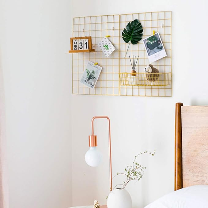 2 Pack Large Wall Grid Panels with Light and Clips, Photo Display Board, Picture Frame Collage Board, Wire Grid Wall Panel Room Decoration,Dark Gold | Picture Frames Collage , Wire Grid Wall Panel Room Decoration - Image 2
