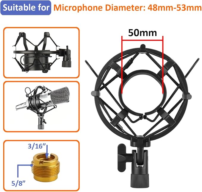 48-53mm Microphone Shock Mount Anti Vibration Mic Suspension Mount Aluminum Alloy Condenser Microphones Holder Clip with Metal Screw Adapter Isolation Absorber Studio - Image 4