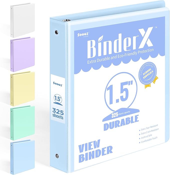 BinderX 3 Ring Binder 1.5 Inch, 1.5" Clear View Binder, Light Blue, Letter | Extra Durable, PVC-Free, Customizable, Interior Pockets, 325-Sheet Capacity, Eco-Friendly, Reinforced Hinge, School, Office by Sooez