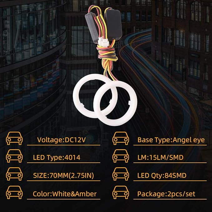 Qasim 1-Pair 70MM White+Amber Switchback 84SMD 4014 LED Car Angel Eyes Halo Ring DRL Fog Light Turn Signal Light Lamp 12V - Image 2