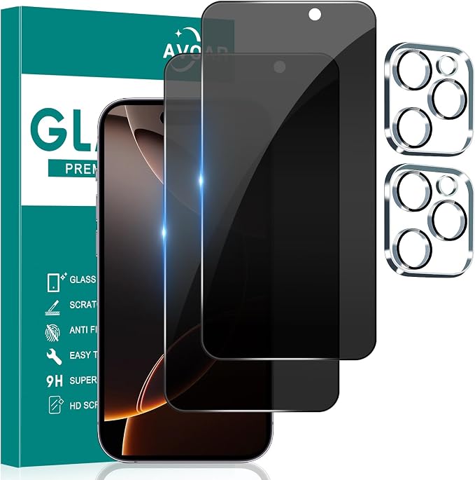 2+2 Pack Privacy Screen Protector for iPhone 16 Pro Max, 6.9 Inch | With Camera Lens Protector, Tempered Full Screen Glass, Anti-Spy, Bubble Free, Case Friendly by AVOAR