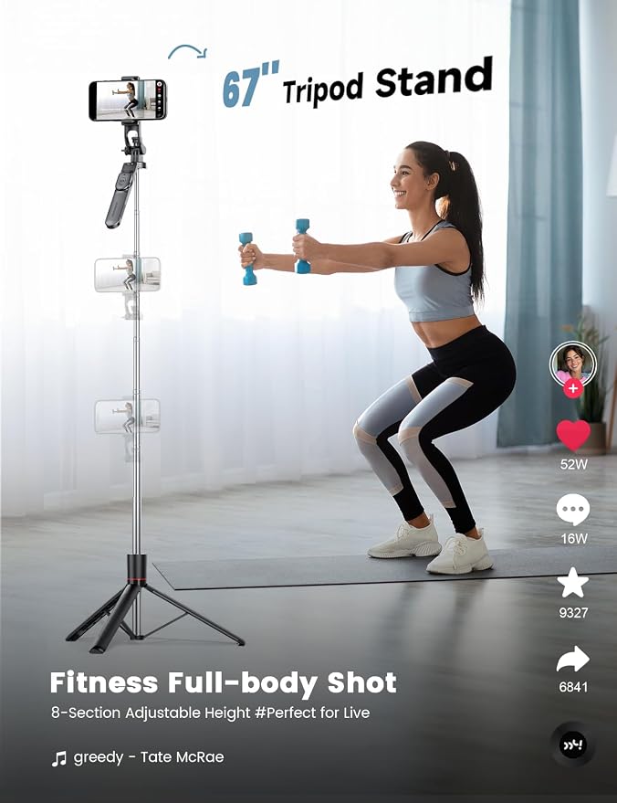 67’’ Selfie Stick Tripod with Light, Basic Phone Stand for iPhone & Samsung, All-in-One Extendable Tripod with Remote, 360° Rotation Handle, Portable Travel Vlog Kit for Video Recording Live Streaming - Image 2