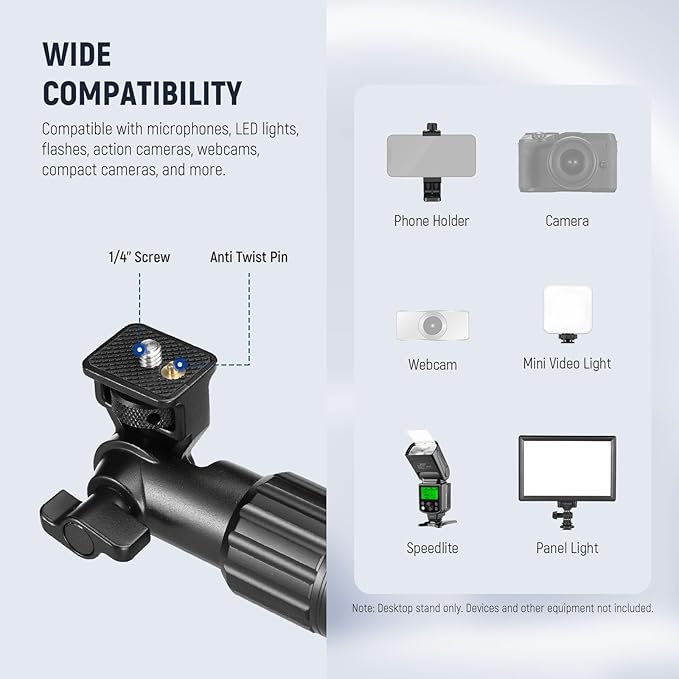 NEEWER Overhead Camera Mount Arm with Phone Clip, 22"/56cm 180°&360° 2 Section Flexible Holding Arm for Desk Stand, Fits 0.87"-1.1" Tube, 5.5lb/2.5kg Max Load for Camera LED Ring Light Mic, DS009 | 22"/56cm Clamp on Flexible Holding Arm for Desk Stand,... - Image 6