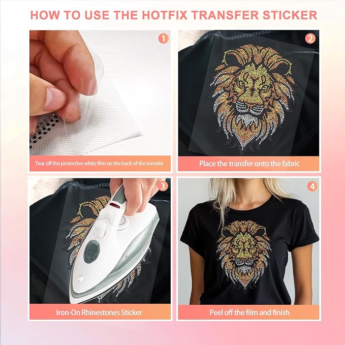 1 Pc Lion Rhinestone Iron on Hotfix Transfer Decal, Bling DIY Patch Clothing Repair Applique T-Shirt Vest Shoes Hat Jacket Decor Clothing DIY Accessories - Image 5