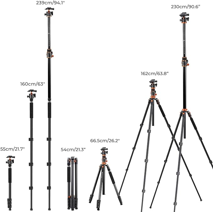 K&F CONCEPT 90''/230cm Ultra High Horizontal Overhead Camera Tripod | Metal Ball Head, 10KG Load Capacity, Detachable Monopod, Flexible Shooting DSLR Travel Video Tripods T254A7+BH-28L - Image 6