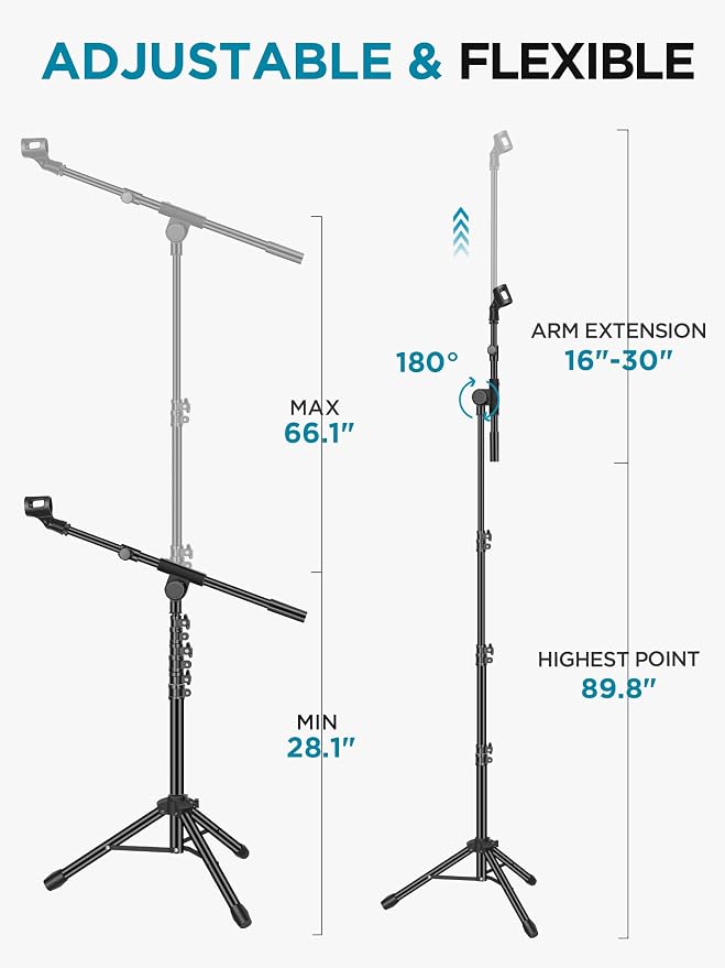 InnoGear Mic Stand Tripod Boom Arm Floor Microphone Stand Height Adjustable | Fast Assembly, Carrying Bag Included, Max Height 89.8", Work with Blue Yeti Shure Fifine, Heavy Duty, for Singing Podcast - Image 3