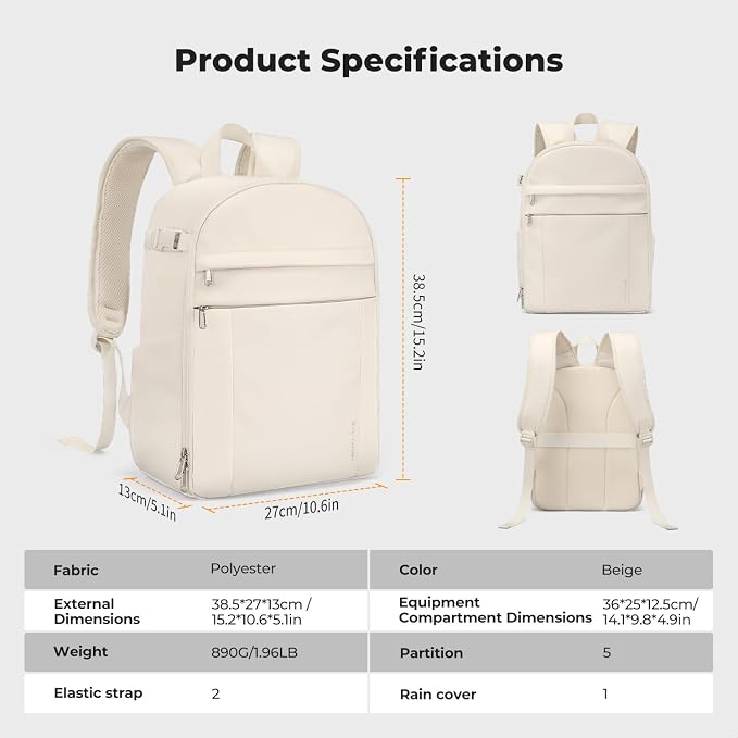 K&F CONCEPT Camera Backpack, DSLR/SLR/Mirrorless Photography Camera Bag | 14in Laptop Compartment & Rain Cover, 600D Fabric for Travel & Daily, Men & Women, Dual-Mode Detachable Dividers, Beige, B19 - Image 9