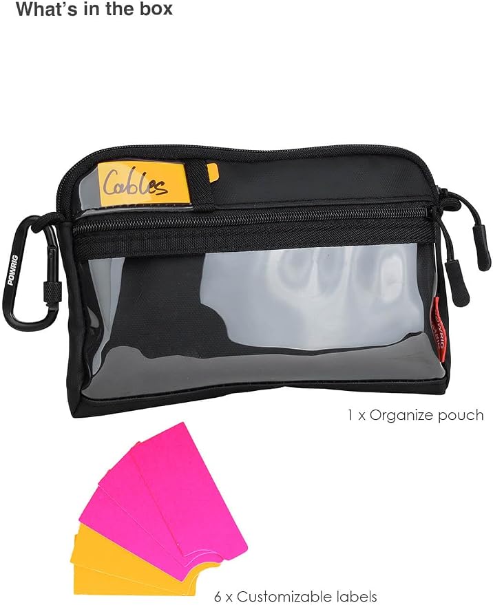 Video Accessories Organizer Pouch with Clear Window, 900D PU Utility Bag for Camera Accessories, Cable Storage, Battery Case, Small Tool Bag with Carabiner & ID Labels, for Travel Filming - Image 7