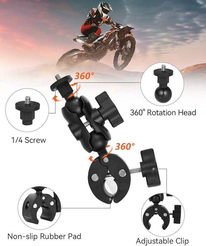 360° Dual Rotating Ball Head Handlebar Mount, Non‑Slip Support Clamp | Bike Bicycle Handlebar Action Camera Mount with 1/4" Screw, for Gopro Insta360 Tripod LED Lights Motorcycle Handlebar, Black - Image 4