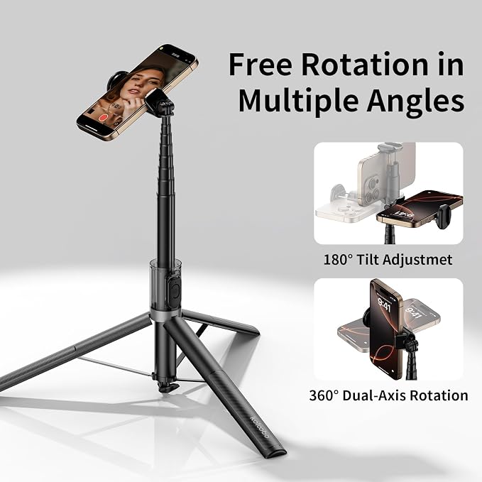 67'' Automatic Phone Tripod, Auto-Open Selfie Stick for iPhone with Remote, 360° Rotatable Extendable Phone Stand for Video Recording Vlog, Stable Travel Tripod Compatible with iPhone Android - Image 4