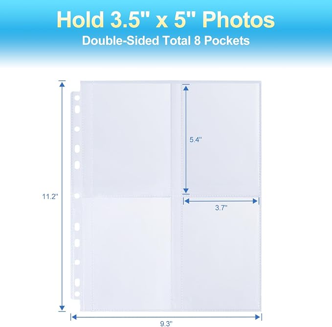 60 Pack 3.5x5 Album Refill Pages for 3 Ring Binder, Ultra-Clear Sleeves Holding 480 Pictures, Double-Sided 4 Pocket Pages, Top Loading Sheet Protector for Photos and Postcards - Image 2