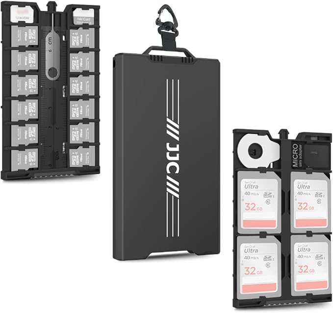 Aluminum Pop up Memory Card Case for 12 Micro SD TF MSD,4 SD,2 Nano SIM/NM Cards,Anti-Shock Anti Scratch,Comes with Carabiner, Flathead Tool,Micro SIM Adapter,Card Remove Tool and Mini Ruler (Black) by JJC