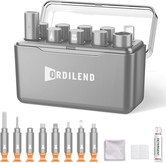 iPhone Cleaning Kit for Charging Port, Cleaner Kit for AirPod Phone, Grey | Multi-Tool, iPhone Cleaner, Repair Lightning Cable USB C Speaker Charger iPad Connector, Compact Portable, with Storage Case by Ordilend