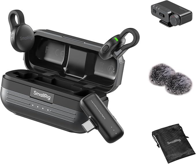 SmallRig S70 Wireless Mic (2 TX + 2 RX + Charging Case), Mini Lavalier Microphone for Phone/Camera Content Creation, Noise Cancelling for Vlog/TikTok/Interview etc. (Black) by SmallRig