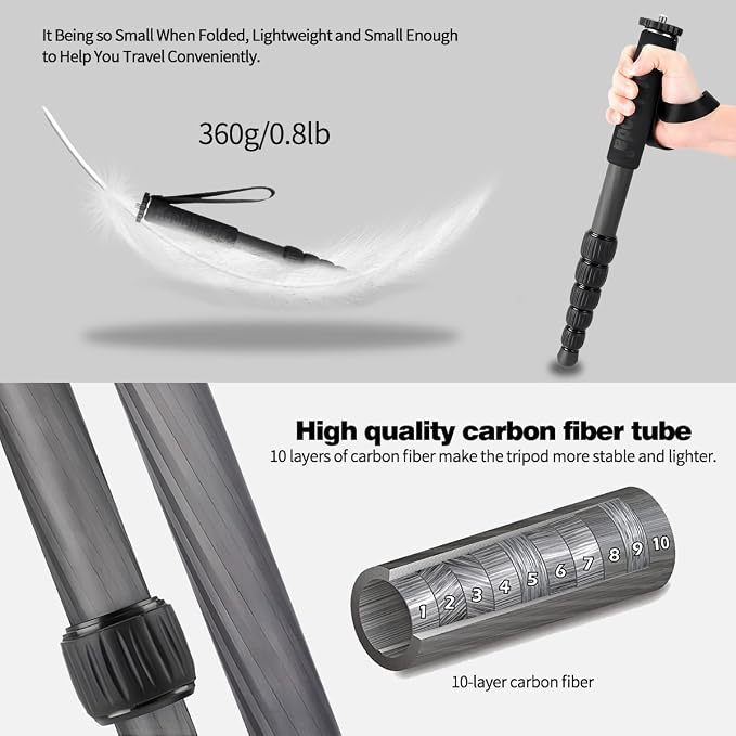 Koolehaoda 62" Camera Monopod 6 Section Compact Carbon Fiber Unipod | Extendable Photography Monopod with Phone Holder for DSLR Mirrorless Cameras Video Camcorder Max Load 10kg/22lbs - Image 2